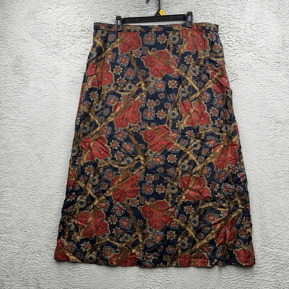 Vintage Pendleton Equestrian Horse Print Midi Skirt Blue Red Rayon 18W 90s